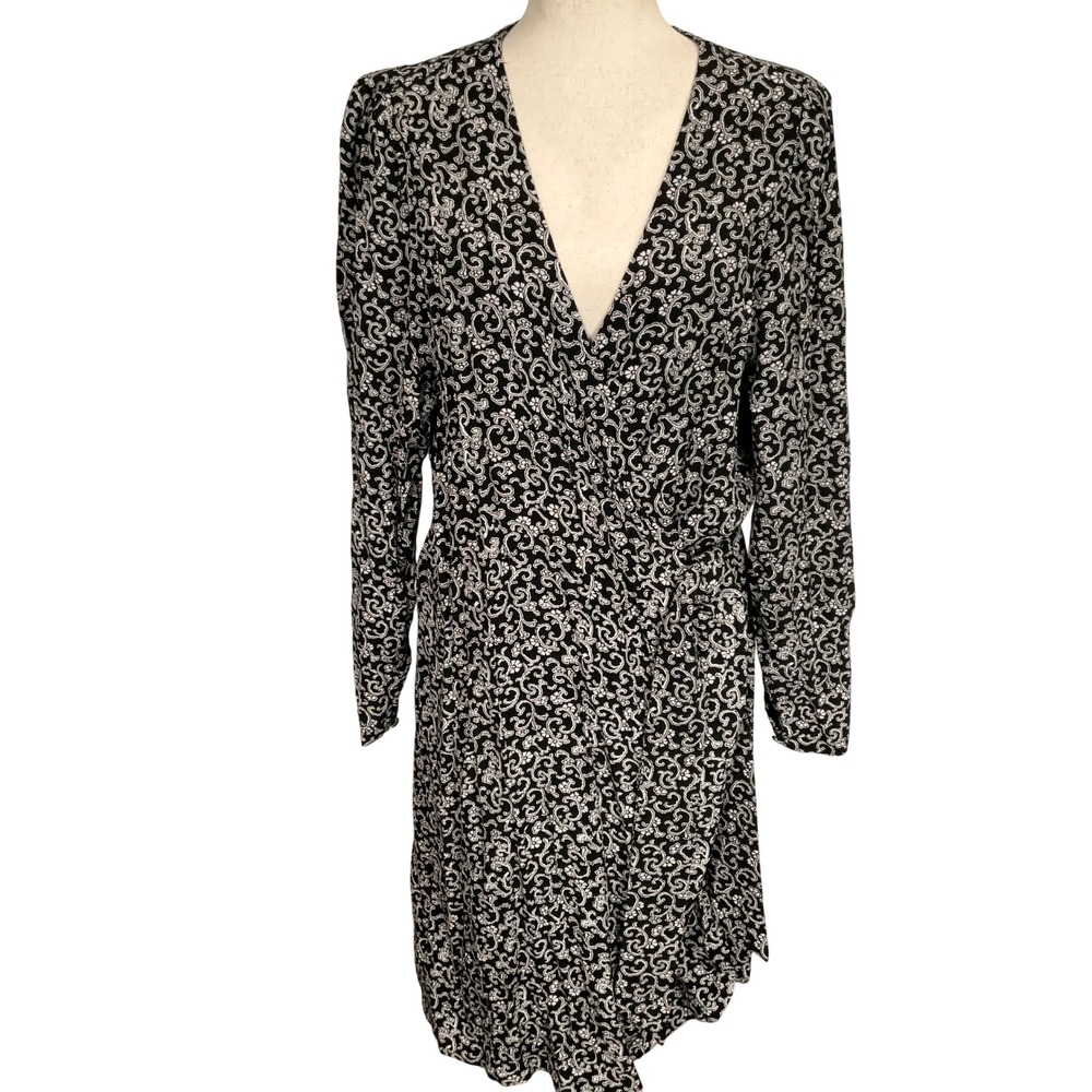 Boden Wrap Dress Womens 16/18L Black White Floral Scroll Scroll Long Sleeve